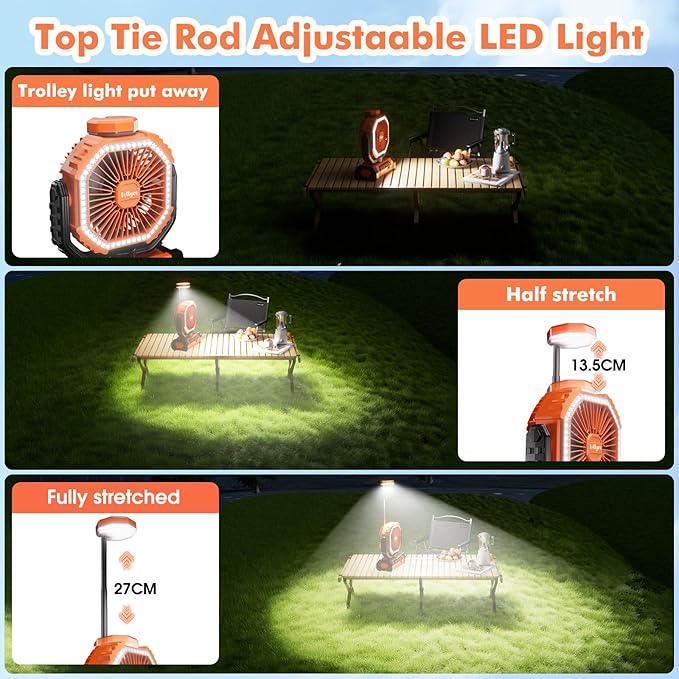 Portable Fan, AI Outdoor Rechargeable Camping Fan with Light, 20000mAh Battery Powered, 360° Rotating Hook, 4 Speeds for Indoor, Traveling, Tenting, RVing, Fishing, Beach (Orange)
