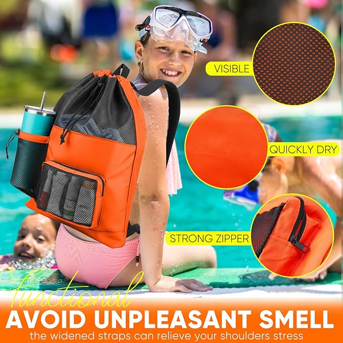 HOHOM Swim Mesh Beach Bag, Waterproof Gym Bags for Women and Men, Large Pool Bag Swimming Gear Drawstring Backpack