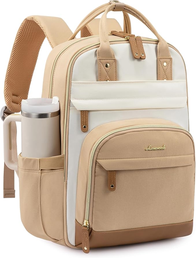 LOVEVOOK Laptop Backpack Women with Giant Tumbler Holder,15.6 inch Work Travel Backpack Computer Laptop Bag,Cute College Nurse Teacher Backpack Purse,Gifts for Women & Men,Yellow-Beige-Browny yellow