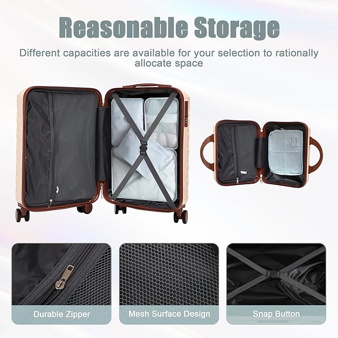 Kids Luggage Sets for Girls, 2 Piece Luggage Set, 20 Inch Rotating Wheel Suitcase with 14 Inch Cosmetic Case, Lightweight Hardshell Suitcase with 360° Spinner Wheels for Travel (Beige)