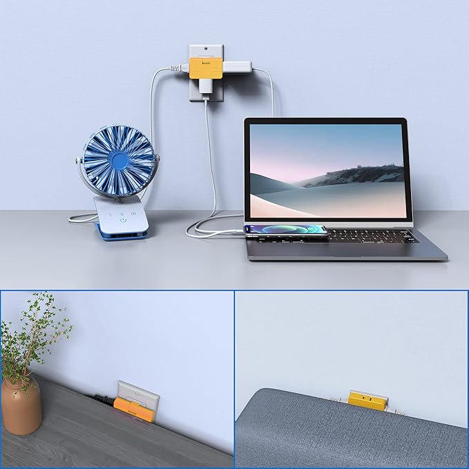 ETwinCoo 3 Way Flat Plug Adapter-2 Prong Swivel Indoor Mini Wall Tap Power Outlet Extender, Rotating Wall Plug (Quick & Space Saving) Perfect for Home, School, Office, Travel, Type A, Yellow (2 Pack)
