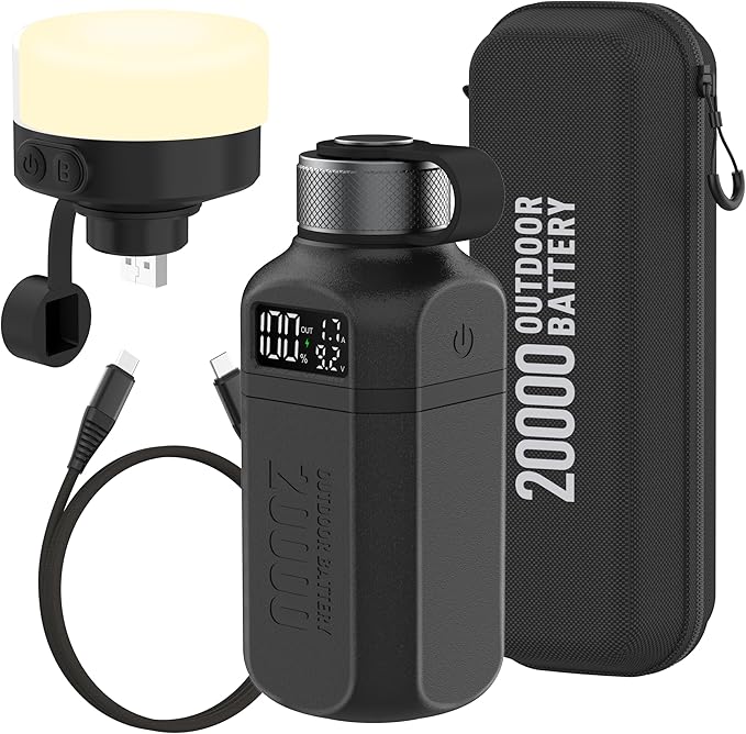 20,000mAh Rugged Power Bank with Fast Charge USB-C PD, IP68 Waterproof Shockproof, Includes 420lm Bright Camping Lantern, Tactical Outdoor Charger for Hiking Camping Survival Emergency（Black）