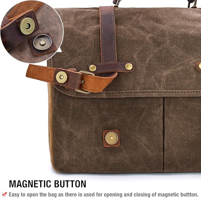 Mens Messenger Bag 15.6 Inch Waterproof Vintage Genuine Leather Waxed Canvas Briefcase Large Leather Computer Laptop Bag Rugged Satchel Shoulder Bag, Brown