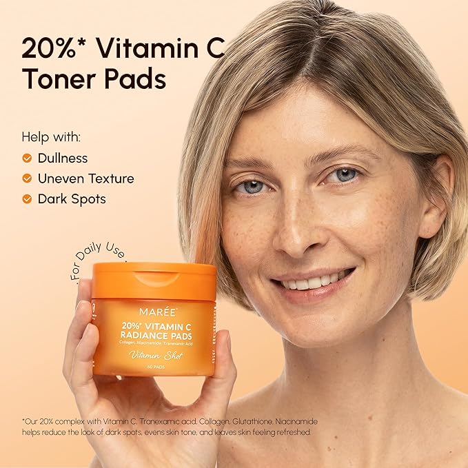 MAREE Vitamin C Toner Pads for Face – Brightening Facial Polishes with 20% Complex: Vitamin C Collagen Niacinamide TXA – Facial Radiance, Uneven Skin Tone, Acne Clearing Pads – Glow Up Skincare Device