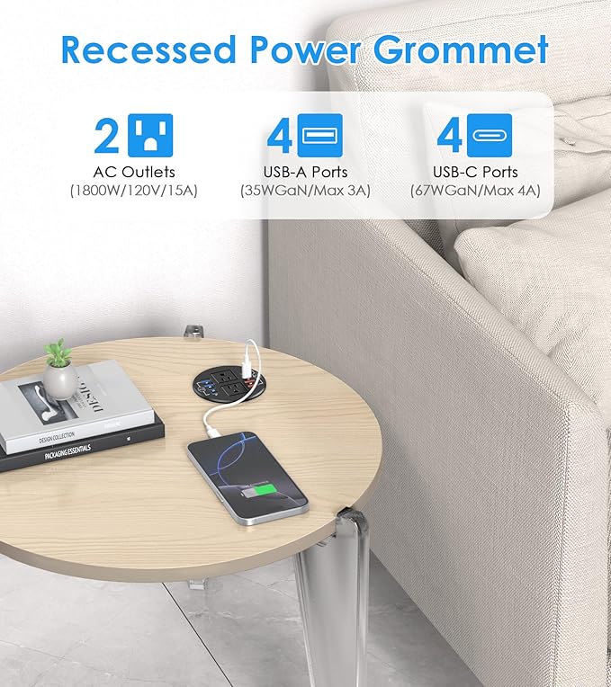 102W Recessed Power Grommet with 8 USB Ports, 3.15 inch Desk Grommet Power Strip for Conference Rooms, Office Tables, Furniture, 6FT Cord