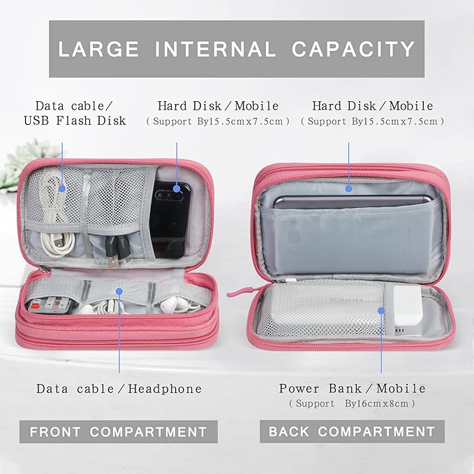 Skycase Electronic Organizer Travel Case - Waterproof Travel Cord Pouches for Organization, Cable Organizer, All-in-One Double Layers Storage Bag for Accessories, Charger, Cable, Pink - Medium
