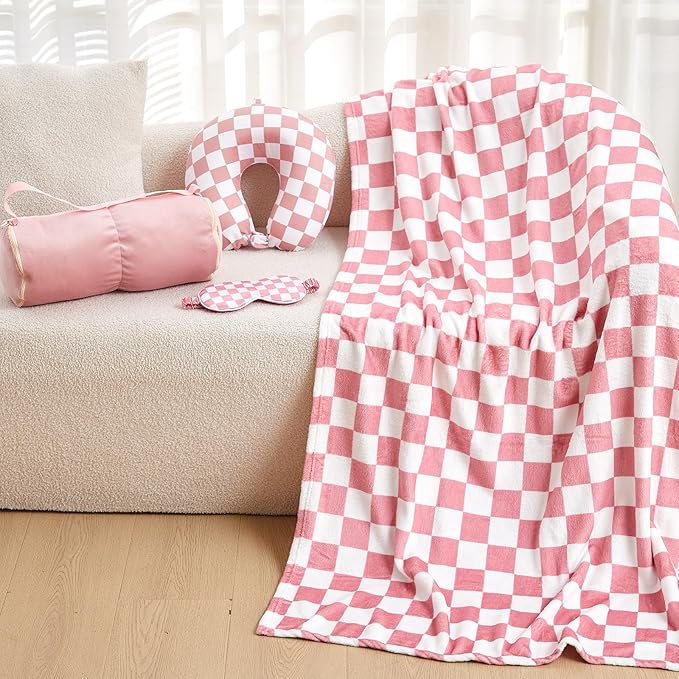 HunnmingRe 5 Pcs Travel Pillow and Blanket Set, 5 in 1 Travel Airplane Compact Includes 40 x 60 Inch Throw Blanket Eye Mask Neck Pillow Earplug and Bag Gifts for Travelers Women(Checkered,Pink)