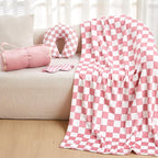 HunnmingRe 5 Pcs Travel Pillow and Blanket Set, 5 in 1 Travel Airplane Compact Includes 40 x 60 Inch Throw Blanket Eye Mask Neck Pillow Earplug and Bag Gifts for Travelers Women(Checkered,Pink)