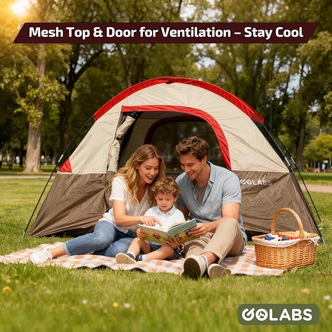 Golabs CT1 2 Person Camping Tent, Easy Set Up in 3 Mins, PU800mm Waterproof w/Mesh Top & Door with Ventilation, Lightweight 4.4lbs Portable Family Tent with Carry Bag &Interior Storage Pockets &Hook