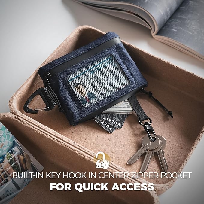 VULKIT RFID Blocking Lanyard Wallet for Men and Women, Nylon Neck Wallet with ID Window, Zipper Pouch and Keychain, Magnetic Pocket for Hiking, Fishing and Outdoor Activities, Navy Night