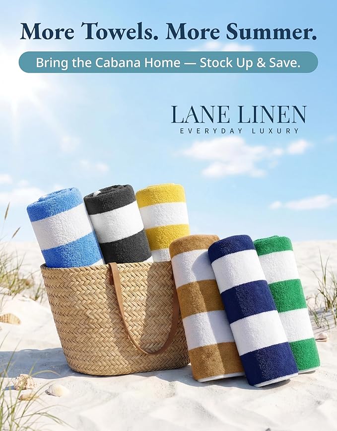LANE LINEN Beach Towels 6 Pack - 520 GSM 100% Cotton Pool Towel for Adults – (30" x 60") Beach Towel Oversized, Thick & Highly Absorbent - Soft, Comfy & Quick Dry Cabana Stripe Large Towel - Coastline