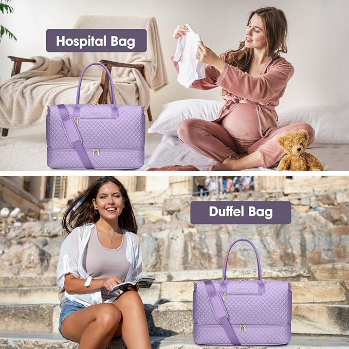 Travel Weekender Duffle Bags for Women - Large Carry On Bag with Shoe Compartment Overnight Bag with Toiletry Bag Duffel Bags with Wet Pocket for Gym Hospital Bags for Labor and Delivery Light Purple