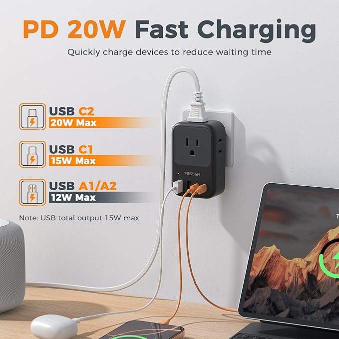 TESSAN USB C Charger Block 20W PD, Fast Charging Adapter with Foldable Plug, 1875W Power Outlet Extender(4 AC and 4 USB) for Cruise, Home, Office, Dorm Room Essentials, Black