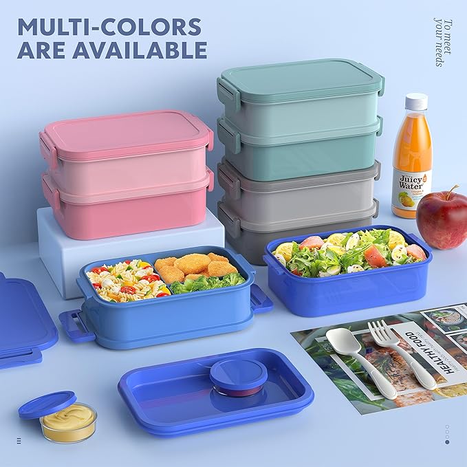 Jelife Adult Bento Lunch Box - 3 Layers Stackable Bento Lunch Box for Adults, 72oz Large All-in-One Bento Box Leak-Proof Lunch boxes with Utensil Sauce Containers, Ideal for Dining Out,Work, Blue