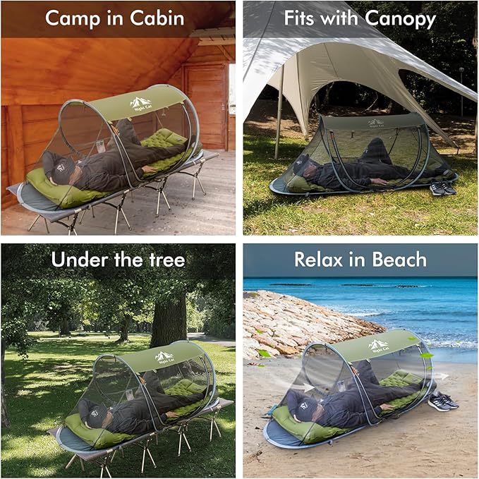 Night Cat Pop-up Mosquito Tent: 1 Person Camping Tent with Bug Screen Net Adults Fits for Camping Cot (Excluded)