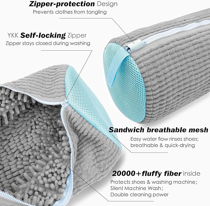 Shoe Washing Machine Bag,Laundry Shoe Bag for Washer and Dryer,Reusable Shoe Cleaning Bag for Sneakers,Tennis Shoes,With Self-locking Zipper, Microfiber Inside,Include Shoe Bag (Pro Grey - 2 Pack)