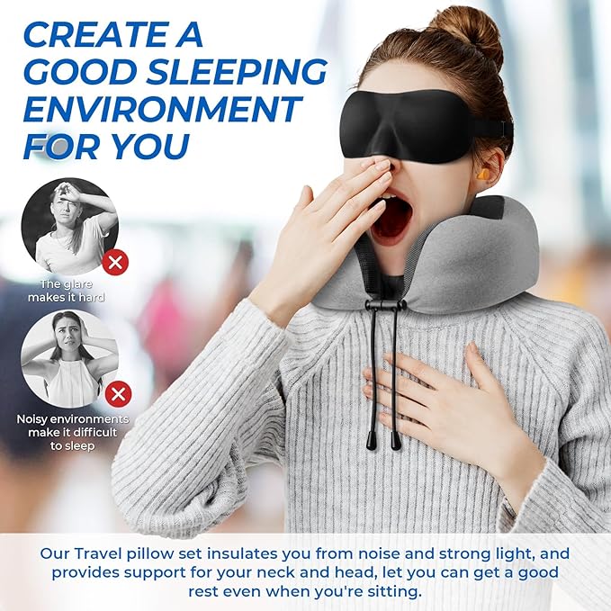 ExploreBliss Travel Pillow, Travel Pillows for Sleeping Airplane, Neck Pillow Airplane, Memory Foam Neck Pillow Set with Eye Mask, Earplugs and Storage Bag -Light Grey