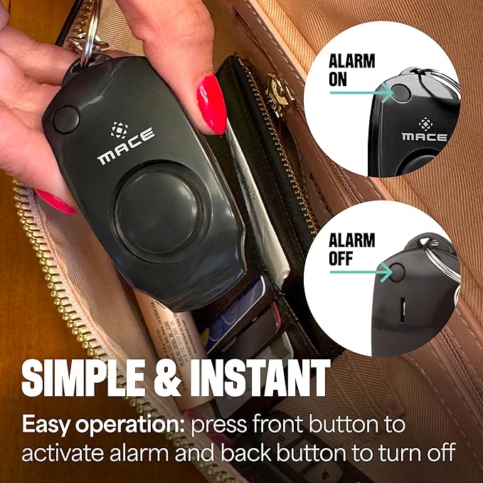 Mace Personal Safety Alarm - Loud 130db Siren, Built in Emergency Whistle, Easy On/Off Push Button Activation, Batteries Included, Personal Alarm for Women & Men - Black