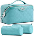 BOYATU Checkered Travel Makeup Bags: Vacation-Ready Light Blue Large Capacity Cosmetic Bag for Women - 3 Pcs Set Toiletry Organizer with Waterproof Leather - Easy to Clean Beach Trip Essential