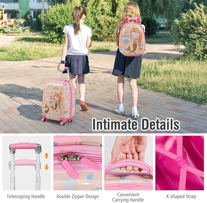 BABY JOY 2 PC Kids Carry On Luggage Set, 18" Toddler Trolley Case & 12" Backpack with Hard Shell & Rolling Wheel Design, Kids Suitcase for Boys Girls (Mermaid)