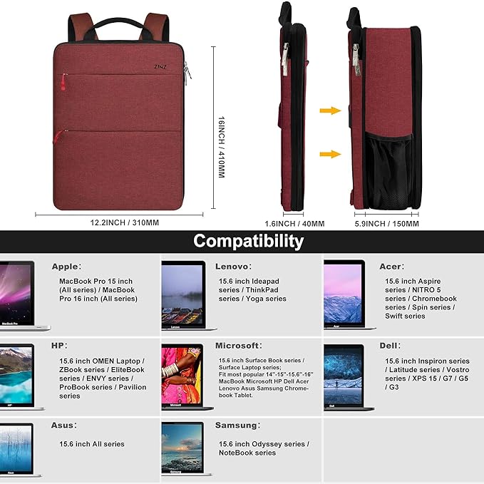 ZINZ Slim & Expandable Laptop Backpack 15 15.6 16 Inch Case, Water Resistant Travel Backpack Compatible with MacBook Pro/Neo 16" 15", Dell XPS 15 16 and Most 15" 15.6" 16" Notebooks，RD01BK01