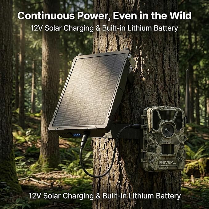 Solar Panel Charger Compatible with Reveal Cellular Trail Cameras X 2.0, X 3.0, X Pro 3.0, Gen 1, SK, XB | 12V Solar Power Supply with Built-in Rechargeable Battery