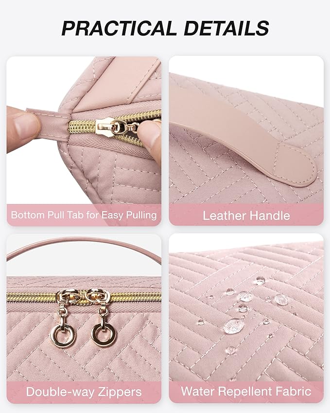BAGSMART Makeup Bag Cosmetic Bag, Travel Makeup Bag,Water-resistent Makeup Bags for Women Portable Pouch Open Flat Make Up Organizer Bag for Toiletries, Brushes, Pink