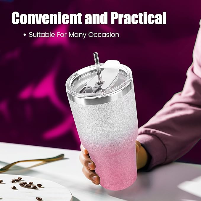 D·S 30 oz Tumbler Pink Glitter Gradient Cup Stainless Steel Double Wall Vacuum Insulated Mug with Straw and Lid, Cleaning Brush for Cold and Hot Beverages