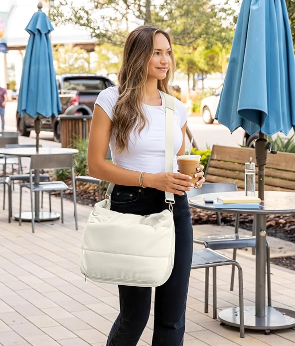 Puffer Tote Bag for Women, Lightweight Puffy Tote with Compartments, Shoulder Bag Crossbody Bags for Women Travel, Work, Gym
