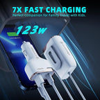 6-Port USB-C Car Charger, 123W Fast, PD 45W Compatible with iPhone16/Galaxy/Samsung S24, Cigarette Lighter Adapter with 5.7FT Cable for Rear Seat Charging (White)