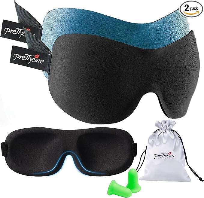 PrettyCare 3D Sleep Mask 2 Pack,Eye Mask for Side Sleeper 3D Contoured Sleeping Mask Blackout Out for Men- Blindfold Airplane with Ear Plugs, Night Masks with Travel Bag (Black&Blue)