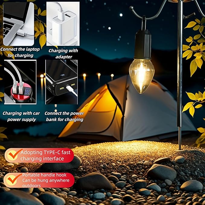 Portable LED Camping Lantern，Hang Anywhere Hook, USB-C Rechargeable, 3 Brightness Modes, Water Resistant for Emergency, Tent, Hiking, Power Outage& Outdoor (Black 1PCS) (T03)