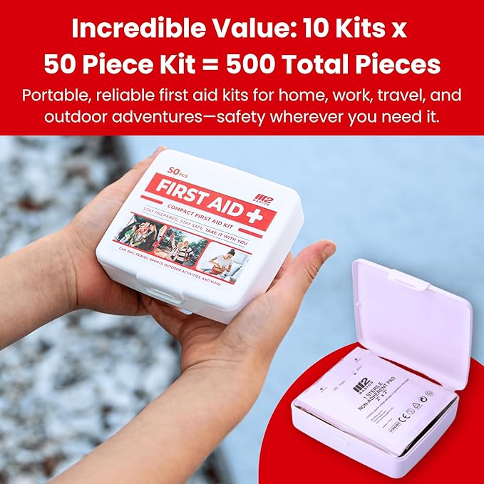 M2 BASICS Mini First Aid Kit Bulk Multi Pack, 10 Pack, 50 per Kit, 500 Total Pieces for Car, Travel, Home & Donations