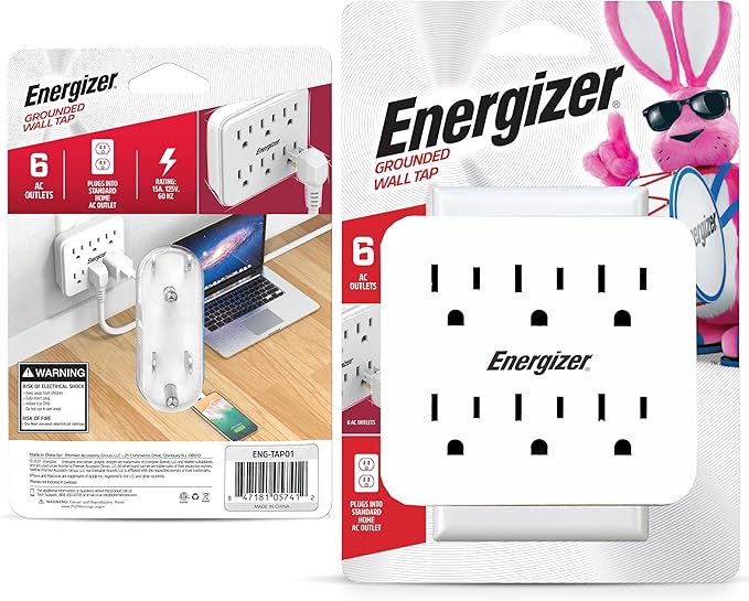 Energizer 6 Device Multi Plug Wall Outlet Extender (6) AC Power Outlets Grounded Power Strip Expander Outlet Splitter Plug in Adapter