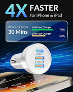 3-Port 70W Fast Car Charger for iPhone 14 13 12 11 Pro Max Plus Mini SE XR XS X 8 7 6, iPad, 2Pack USB Carplay Cord &Lightnings Charging Cable and USB-C&A Car Charger Adapter Cigarette Lighter