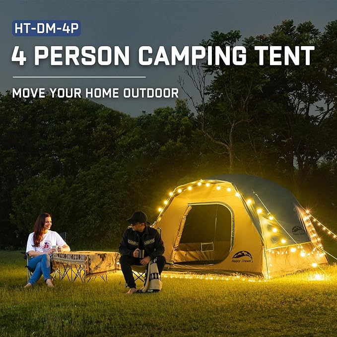 Happy Travel Camping Tent, 4 Person Dome Tents for Camping with Rainfly, Waterproof Clip Easy Setup Portable Family Tent with Mesh Windows, 20% More Headroom Backpacking Tents for Camping & Hiking