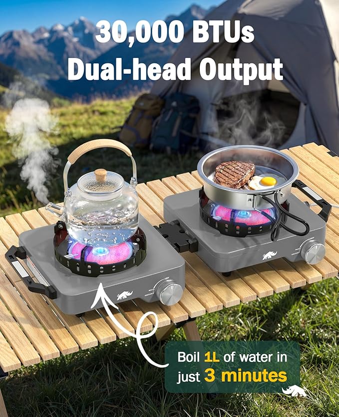 2 Propane Burners Camping Stove, 30,000 BTU Folding Camp Stove with Windproof Grates and Frying Pan,Portable Camping Stoves with Carrying Bag,Camping Essentials for Tailgating/Grilling/Coffee,Titanium