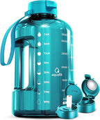 AQUAFIT 1 Gallon Water Bottle with Time Marker - Straw & Chug Lid - BPA Free Gym Water Bottle with Straw - Big Gallon Jug (Aqua, 128 oz - 2 Lids)