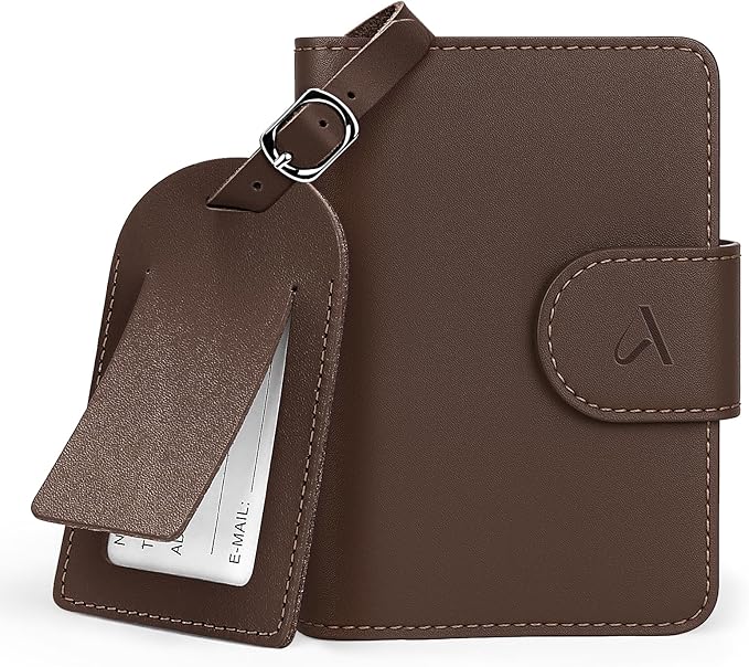 ALLIVE Genuine Leather Passport Holder for Travel with Hidden AirTag Pocket, RFID Blocking Passport Travel Wallet with Luggage Tag & Premium Gift Box, Holiday Gift for Women and Men (Coffee Brown)