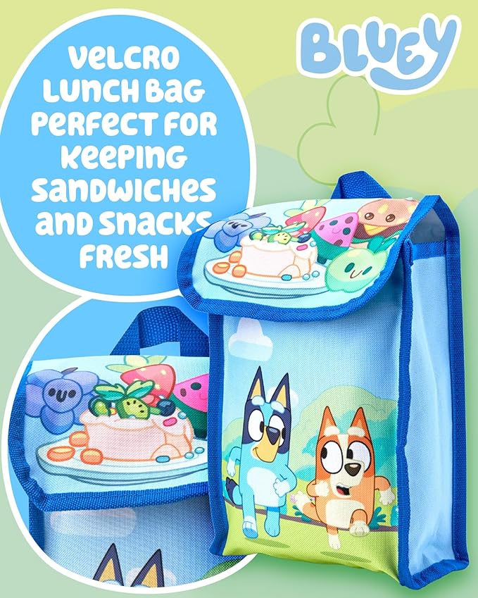 Fast Forward Bluey Kids Backpack and Lunch Box Set - 15" Bookbag Backpack for Boys & Girls with Detachable Lunch Bag Set, Bluey Blue And Friends