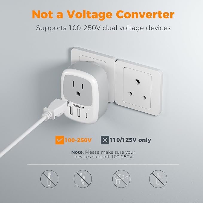 2 Pack US to India Plug Adapter, TESSAN Type D Travel Adapter with 1 Electrical Outlet 3 USB Ports (1 USB C), Power Outlet Adaptor for USA to India Nepal Maldives Pakistan Bangladesh Kuwait Yemen