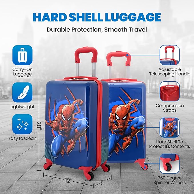 Fast Forward Marvel Spiderman 20" Hardshell Luggage - Cute & Durable Hard-side Suitcase for Travel with Spinner Wheels 20"x12"x8"