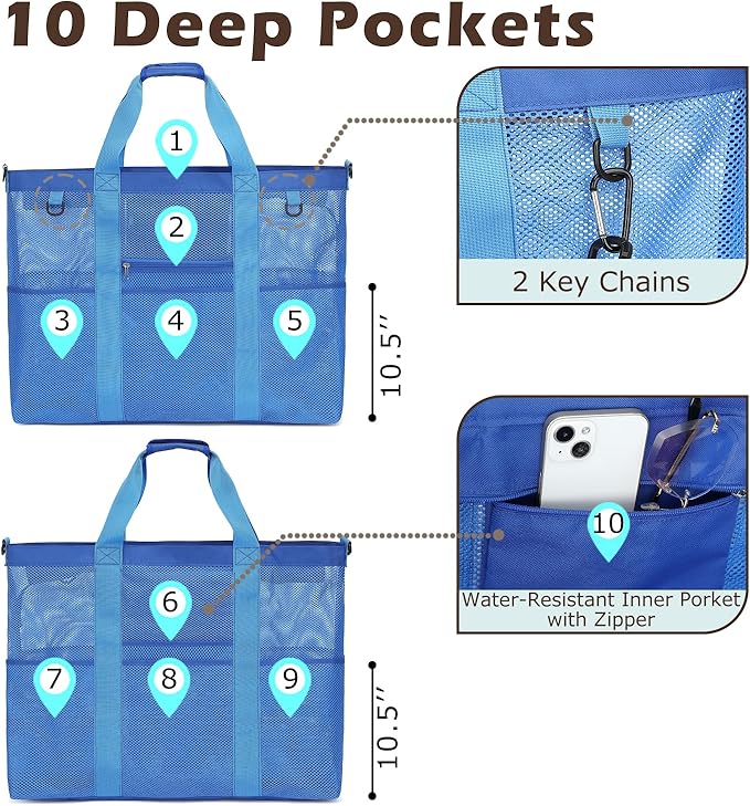 Fammart Mesh Beach Bag with Zipper, Large Beach Tote for Women, Toys Pool Swim Bag Travel Vacation Cruise Essentials