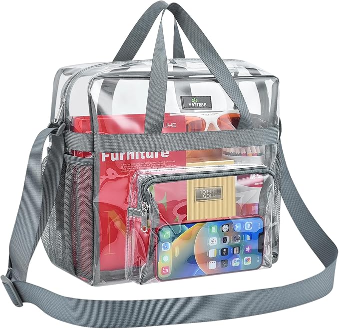 MAY TREE Clear Bag for Stadium Events 12×6×12 Clear Tote Lunch Bag with Reinforced Straps for Work, Sporting Events and Gym, Grey
