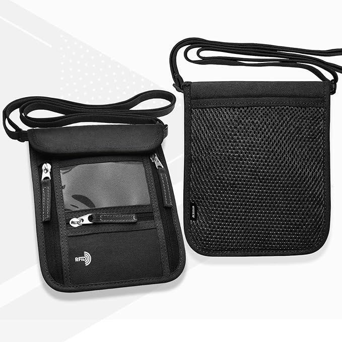 WALNEW Passport Holder Neck Pouch Travel Wallet for Women and Men, RFID Blocking Security Slim Traveling Wallet with Around Neck Lanyard Strap, Black