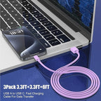 3-Pack Purple [3.3FT+3.3FT+6FT] USB A to USB C Cable，USB to USB C Car Carplay Cable for iPhone 16 15 Pro Plus Pro Max，for iPad Pro/Air/Mini，for Samsung S24/S23/S22/S21，for MacBook Pro/Air and More