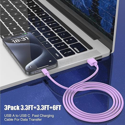 3-Pack Purple [3.3FT+3.3FT+6FT] USB A to USB C Cable，USB to USB C Car Carplay Cable for iPhone 16 15 Pro Plus Pro Max，for iPad Pro/Air/Mini，for Samsung S24/S23/S22/S21，for MacBook Pro/Air and More