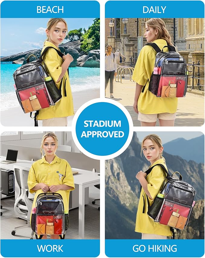 Paxiland Clear Backpack Stadium Approved 12×12×6, Small Transparent Bag with Reinforced and Widened Shoulder Straps, Black-Large