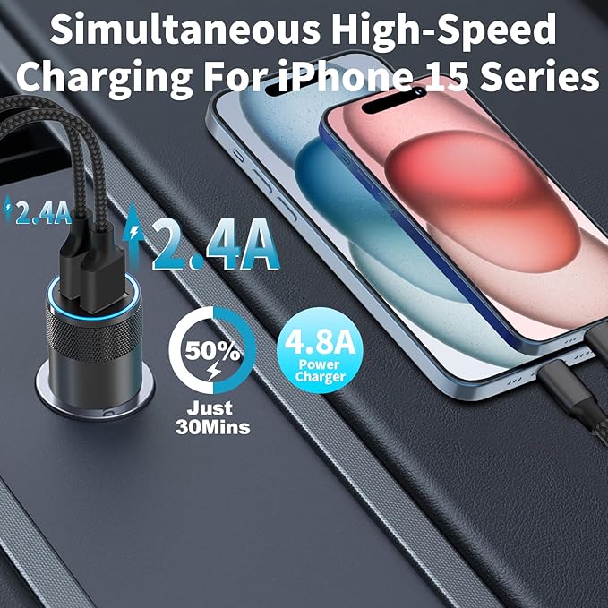 [Apple MFi Certified] iPhone 17 Car Charger Fast Charging, Braveridge 2Pack 4.8A USB Power Cigarette Lighter USB-C Car Charger + Type-C Braided Cord for iPhone 17/17 Pro Max/16/15/Galaxy/S26/S25/Pixel