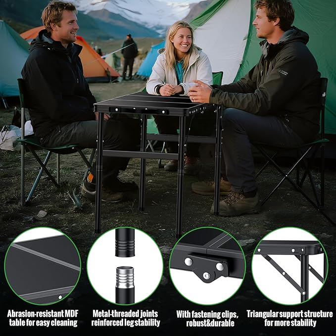 GARLLEN Folding Camping Table, 3 Adjustable Height Lightweight Folding Picnic Table, Aluminum Portable Foldable Outdoor Table for Grill, Camping, Grill, Threaded Install, 35.4" L x 15.7" W, Black